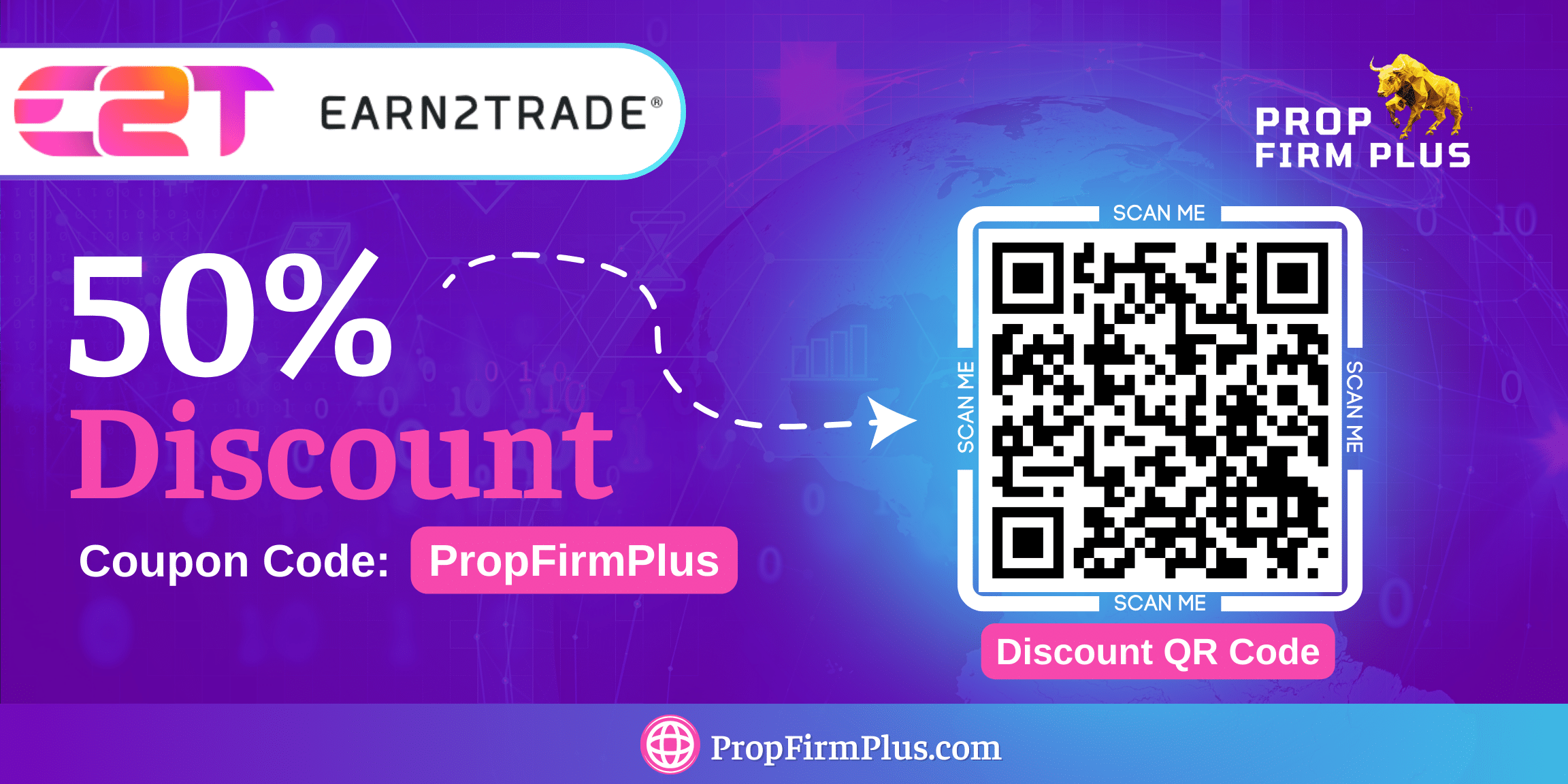 Earn2Trade 50% discount banner with QR Code