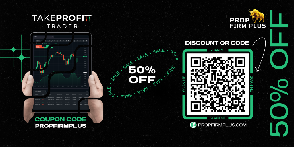 Take Profit Trader 50% Discount banner with QR Code